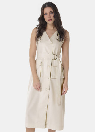 Vestido de Linho Midi Bege Decote V Transpassado