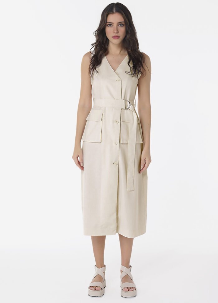 Vestido de Linho Midi Bege Decote V Transpassado - Imagem 4