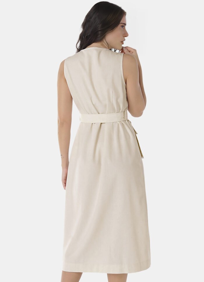 Vestido de Linho Midi Bege Decote V Transpassado - Imagem 3