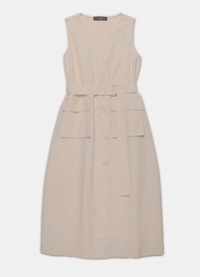 Vestido de Linho Midi Bege Decote V Transpassado - Imagem 6