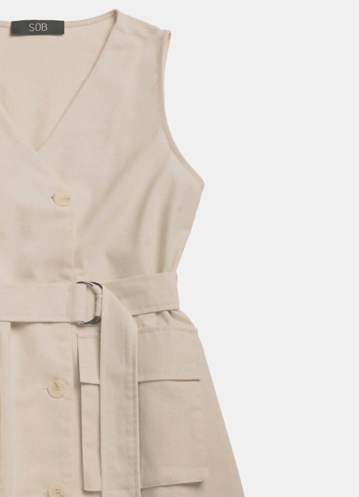 Vestido de Linho Midi Bege Decote V Transpassado - Imagem 5