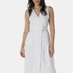 Vestido de Linho Midi Branco Decote V Transpassado