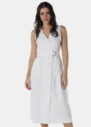 Vestido de Linho Midi Branco Decote V Transpassado