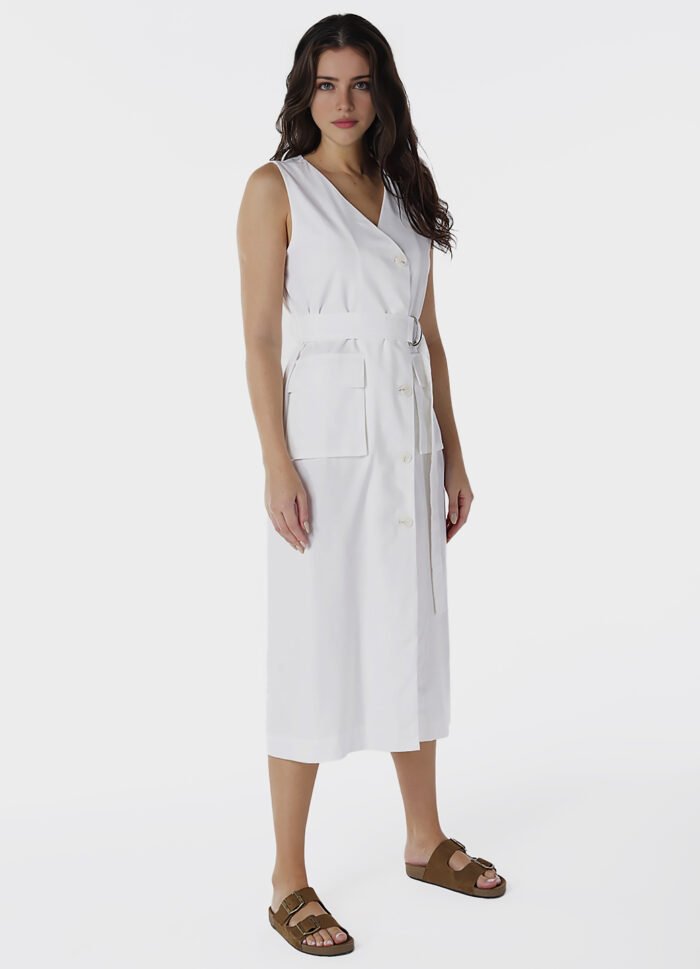 Vestido de Linho Midi Branco Decote V Transpassado - Imagem 2