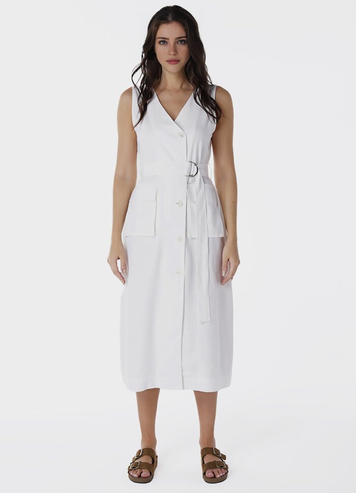 Vestido de Linho Midi Branco Decote V Transpassado - Imagem 5