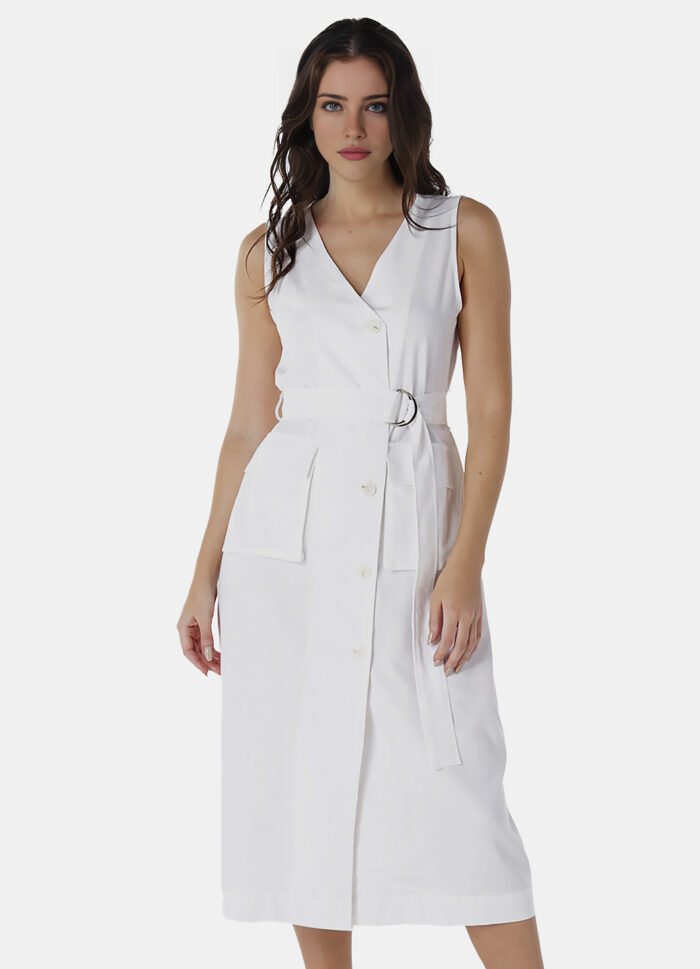 Vestido de Linho Midi Branco Decote V Transpassado - Imagem 4