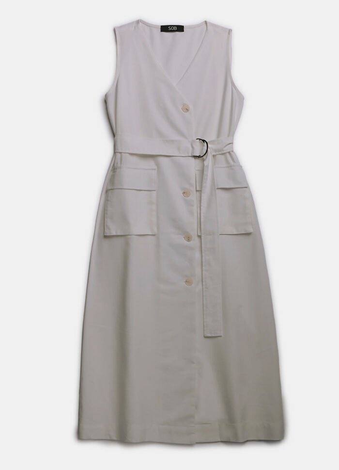 Vestido de Linho Midi Branco Decote V Transpassado - Imagem 6