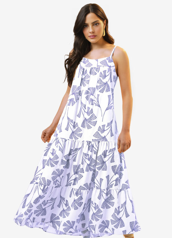 Vestido Longo de Linho Off White e Azul Solto com Bolsos - Image 3