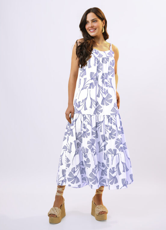 Vestido Longo de Linho Off White e Azul Solto com Bolsos - Image 4