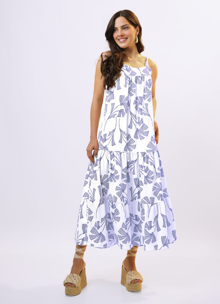 Vestido Longo de Linho Off White e Azul Solto com Bolsos - Imagem 4