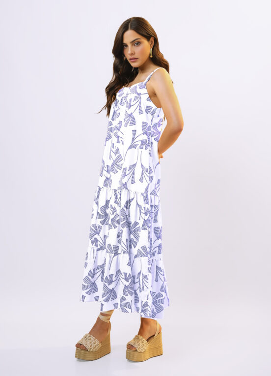 Vestido Longo de Linho Off White e Azul Solto com Bolsos - Image 5