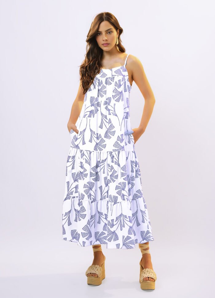 Vestido Longo de Linho Off White e Azul Solto com Bolsos - Imagem 6