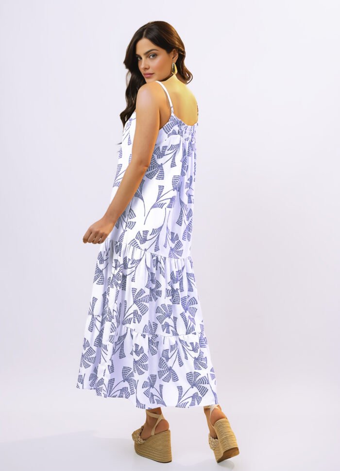 Vestido Longo de Linho Off White e Azul Solto com Bolsos - Imagem 2