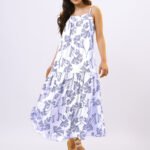 Vestido Longo de Linho Off White e Azul Solto com Bolsos