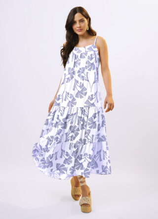 Vestido Longo de Linho Off White e Azul Solto com Bolsos