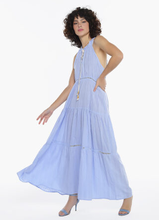 Vestido Longo de Laise Azul Claro 100%  Algodão Saia Rodada
