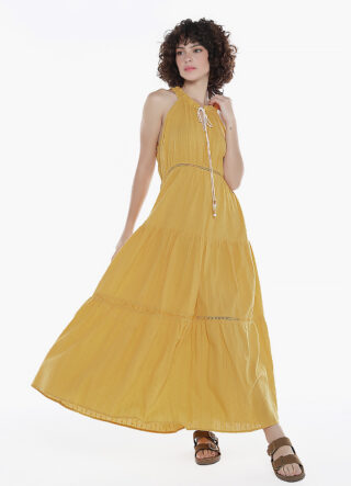 Vestido Longo de Laise Caramelo 100%  Algodão Saia Rodada