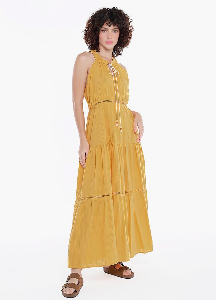 Vestido Longo de Laise Caramelo 100%  Algodão Saia Rodada - Imagem 2