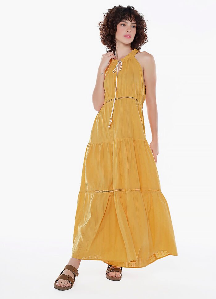 Vestido Longo de Laise Caramelo 100%  Algodão Saia Rodada - Imagem 7