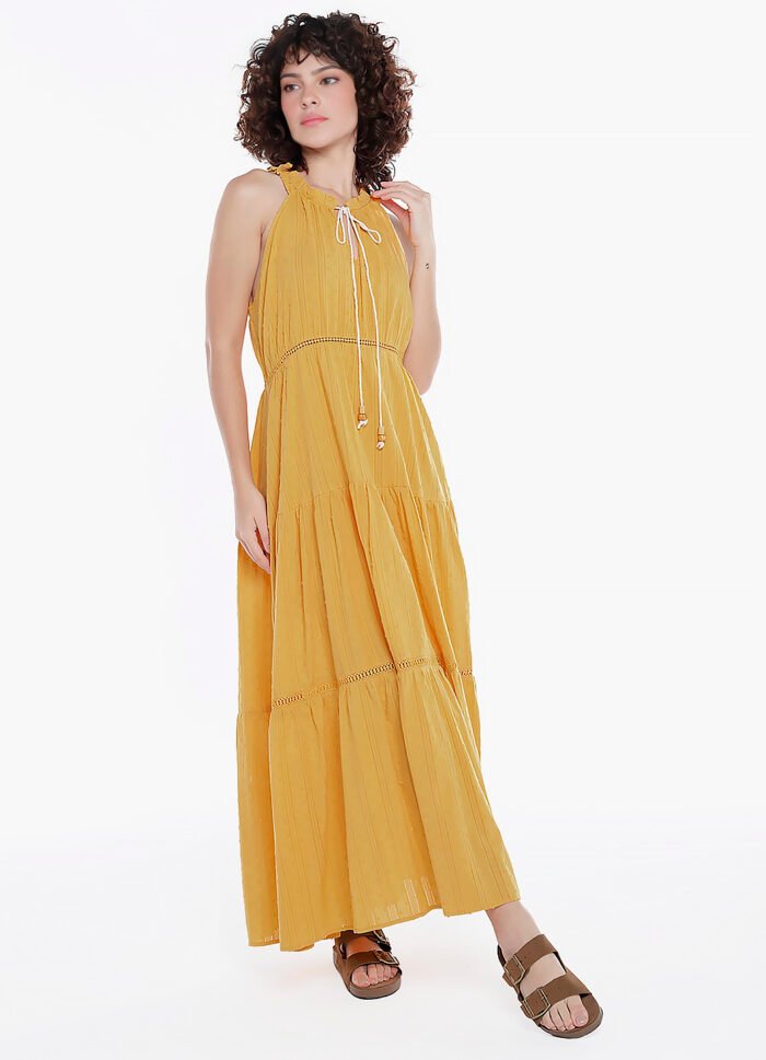 Vestido Longo de Laise Caramelo 100%  Algodão Saia Rodada - Imagem 5