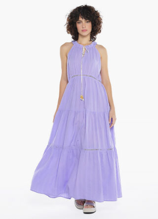Vestido Longo de Laise Lilás 100%  Algodão Saia Rodada