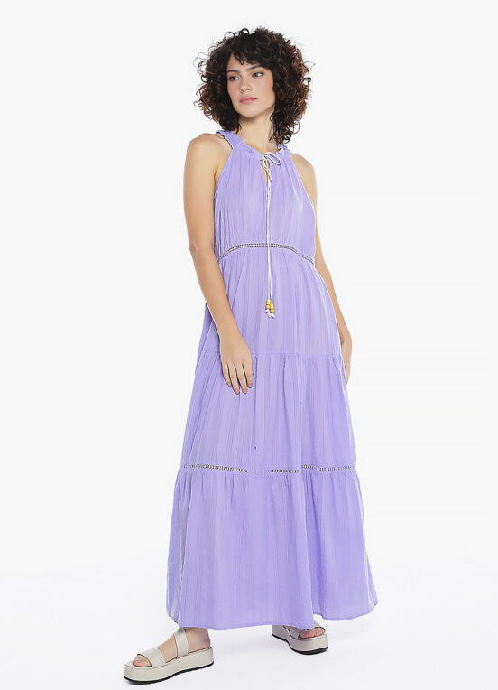Vestido Longo de Laise Lilás 100%  Algodão Saia Rodada - Image 5