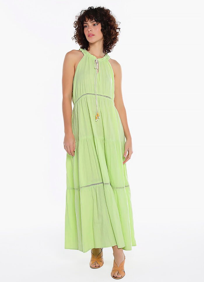 Vestido Longo de Laise Verde Claro 100%  Algodão Saia Rodada - Imagem 6