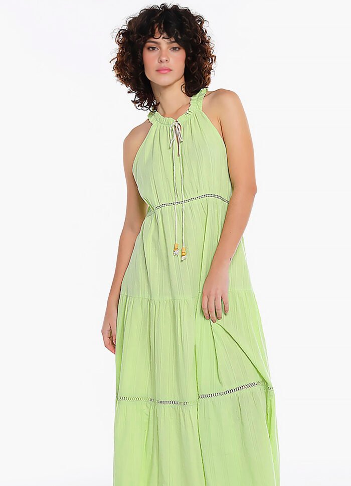 Vestido Longo de Laise Verde Claro 100%  Algodão Saia Rodada - Imagem 5