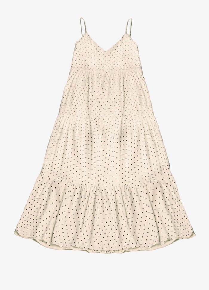 Vestido Longo Bege Claro de Bolinhas Pretas Poá em Viscose - Imagem 4