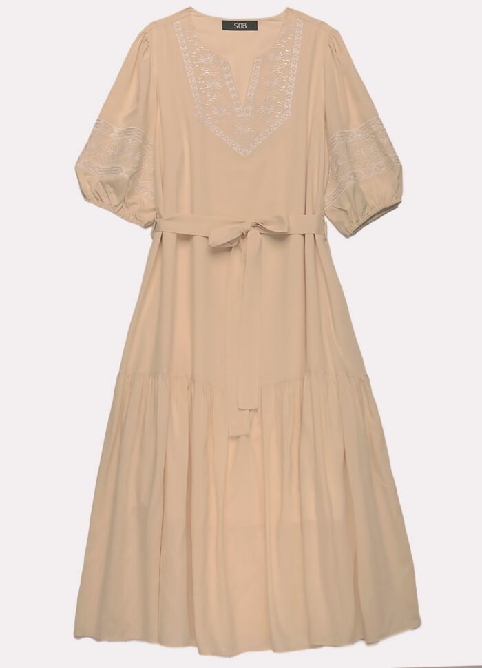 Vestido Midi Bege Nude Bordado com Mangas Forrado - Imagem 2