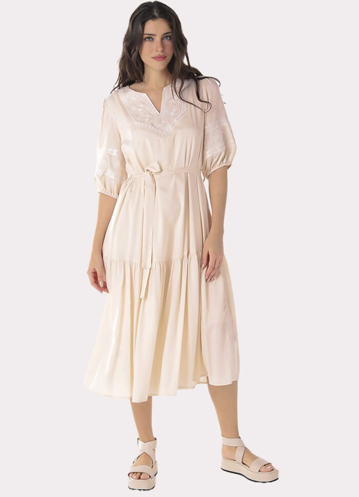 Vestido Midi Bege Nude Bordado com Mangas Forrado - Imagem 6