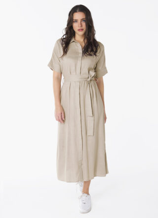 Vestido Longo de Linho Bege Mocca Chemise Manga Curta Sob
