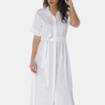 Vestido Longo de Linho Branco Chemise Manga Curta Sob