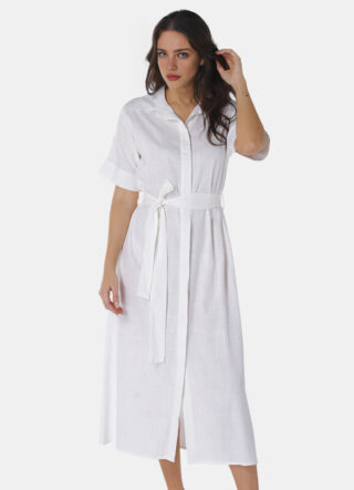 Vestido Longo de Linho Branco Chemise Manga Curta Sob