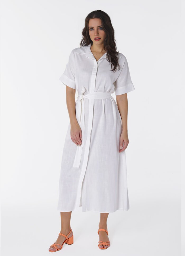 Vestido Longo de Linho Branco Chemise Manga Curta Sob - Imagem 2