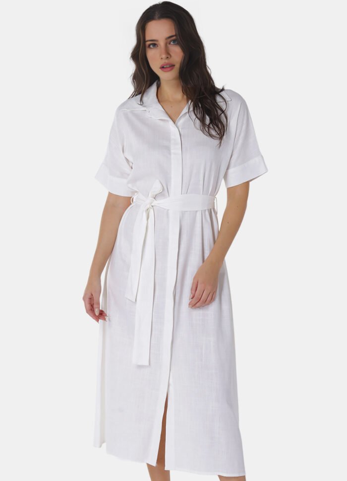 Vestido Longo de Linho Branco Chemise Manga Curta Sob - Imagem 6
