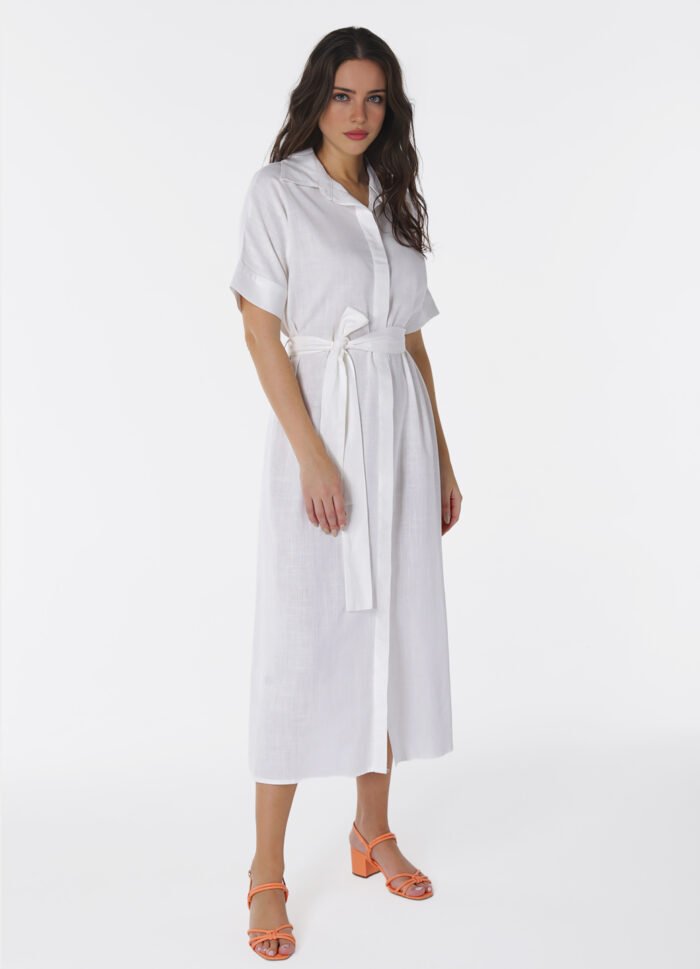 Vestido Longo de Linho Branco Chemise Manga Curta Sob - Imagem 5