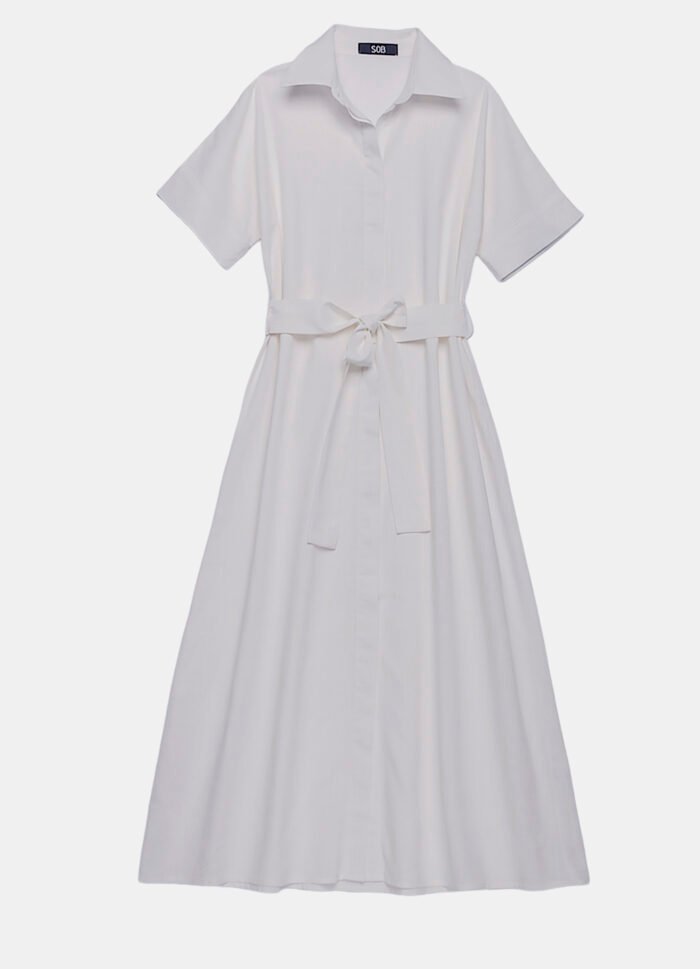 Vestido Longo de Linho Branco Chemise Manga Curta Sob - Imagem 3
