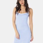 Vestido Midi Canelado Azul Claro em Viscose com Alças Brancas