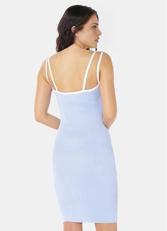 Vestido Midi Canelado Azul Claro em Viscose com Alças Brancas - Imagem 3