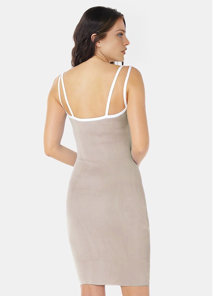 Vestido Midi Canelado Bege em Viscose com Alças Brancas - Imagem 3