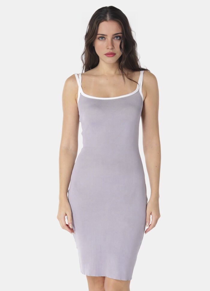 Vestido Midi Canelado em Viscose Cinza com Alças Brancas - Imagem 6