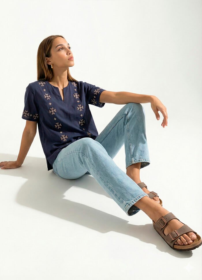 Blusa Marinho Bordada Manga Curta em Viscose Sob - Imagem 3