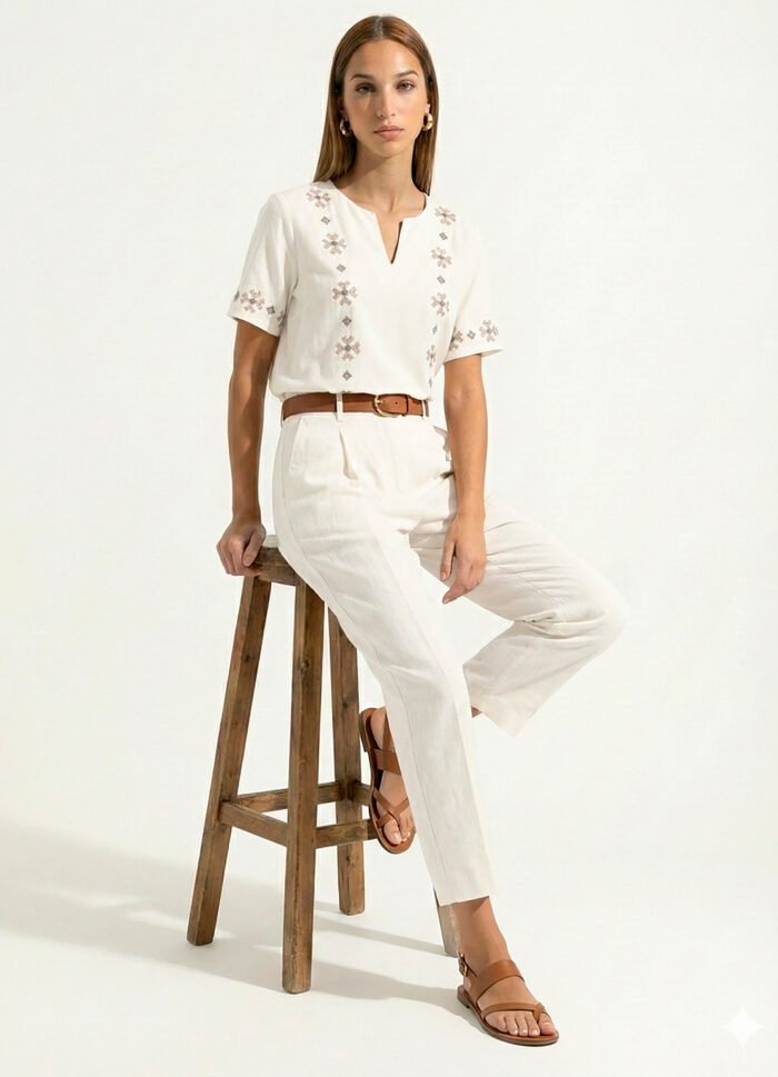 Blusa Branca Bordada Manga Curta em Viscose Sob - Imagem 7