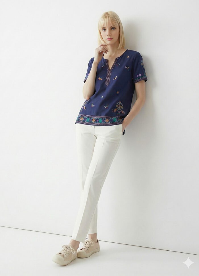 Blusa Marinho em Viscose Manga Curta Sob Bordada Colorida - Imagem 4