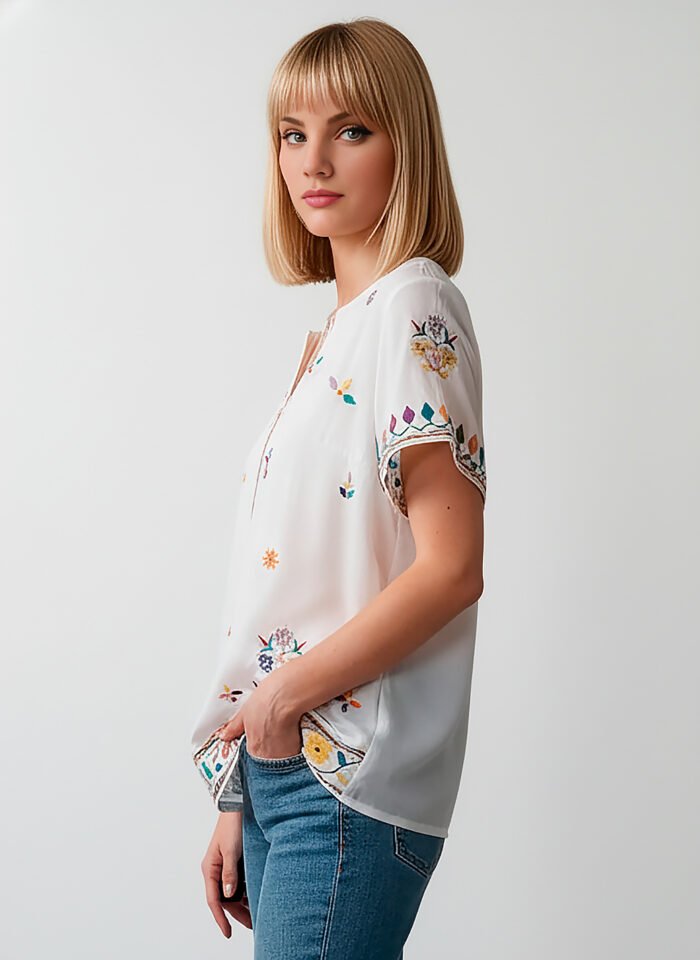 Blusa Branca em Viscose Manga Curta Sob Bordada Colorida - Imagem 6