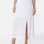 Saia de Linho Longa Branca com Fenda e Botões
