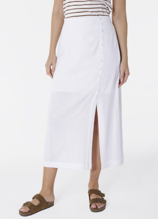 Saia de Linho Longa Branca com Fenda e Botões