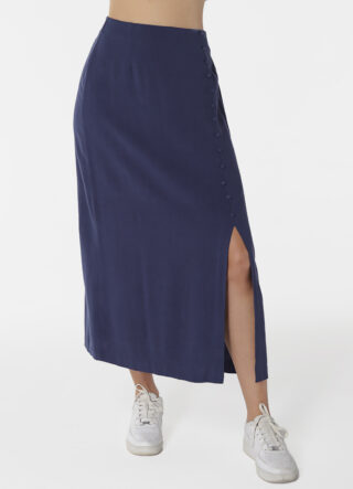 Saia de Linho Longa Marinho com Fenda e Botões