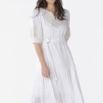 Vestido Branco Midi Bordado Sob com Mangas Forrado